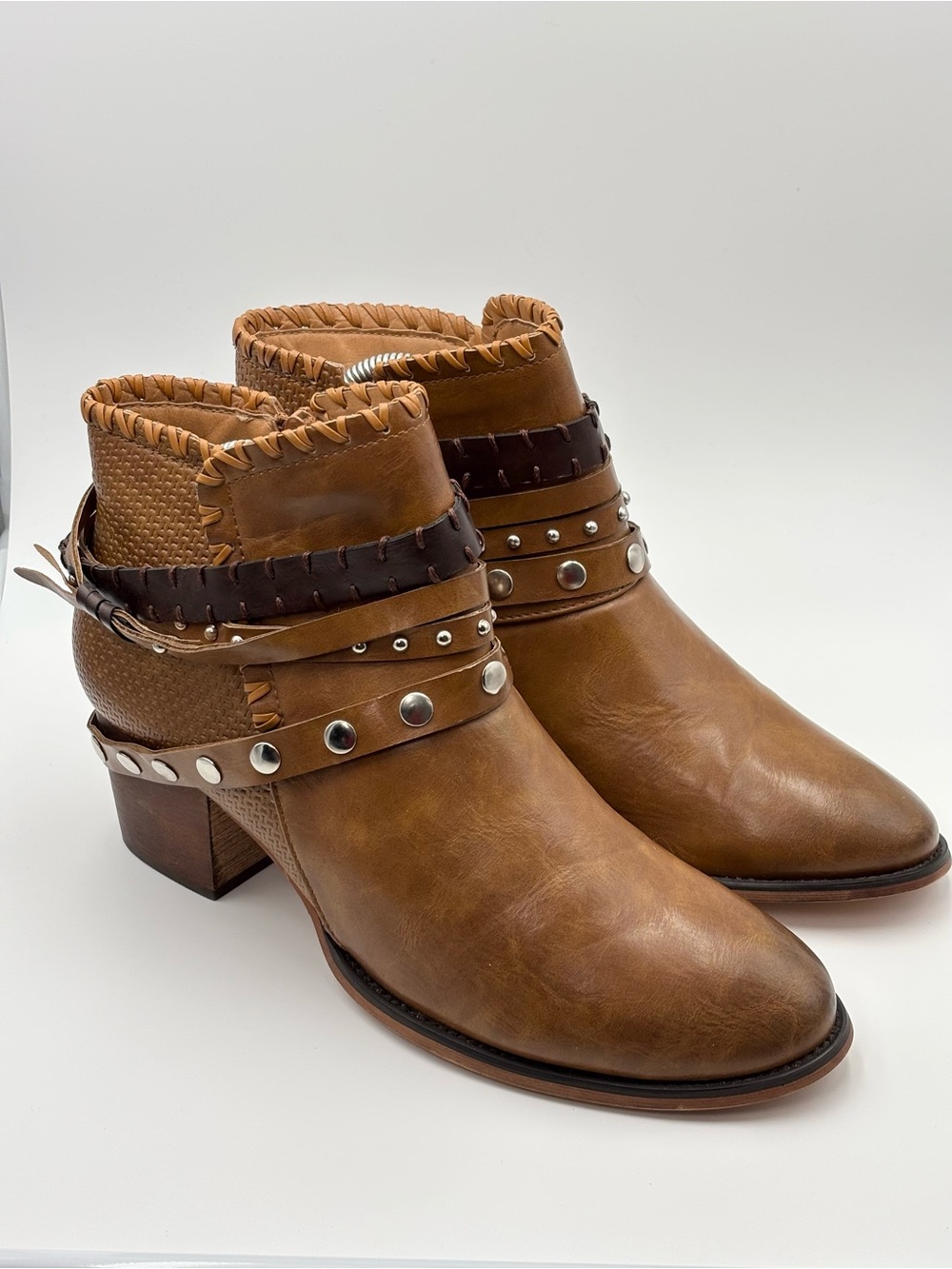 Patrizia Strappy Faux Leather Dressy Boots Studded Ankle Booties Braided Strap